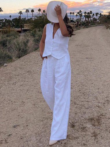 Ossaso Cotton Casual White Pants Set