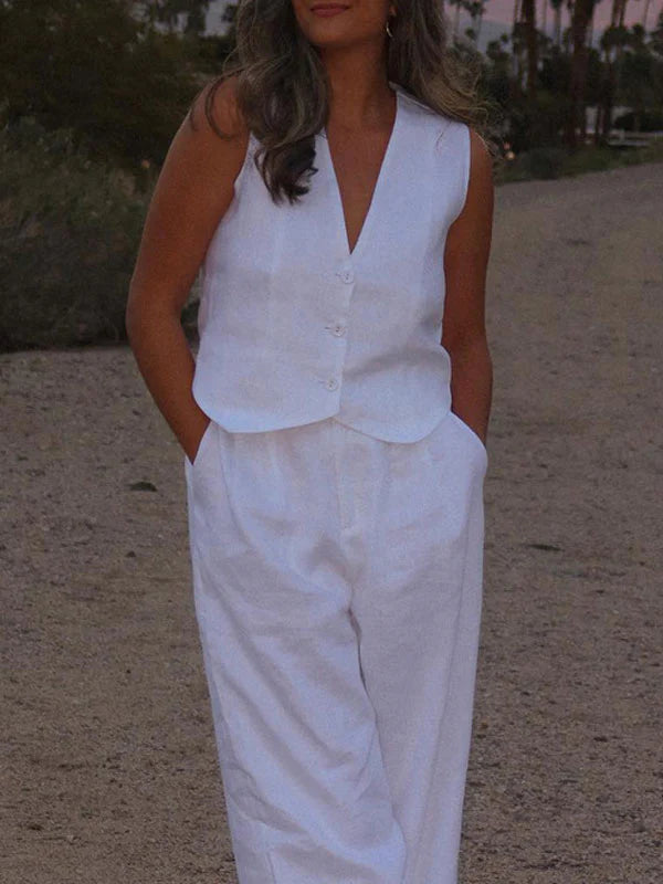 Ossaso Cotton Casual White Pants Set