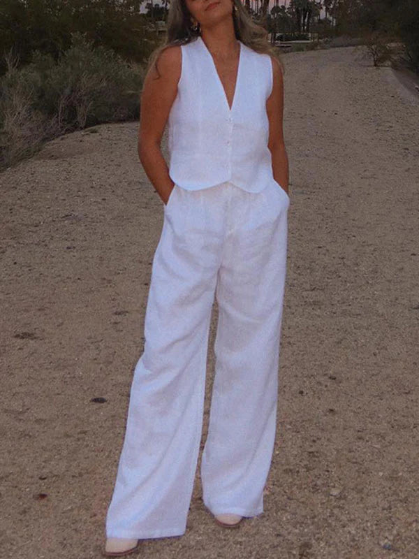 Ossaso Cotton Casual White Pants Set