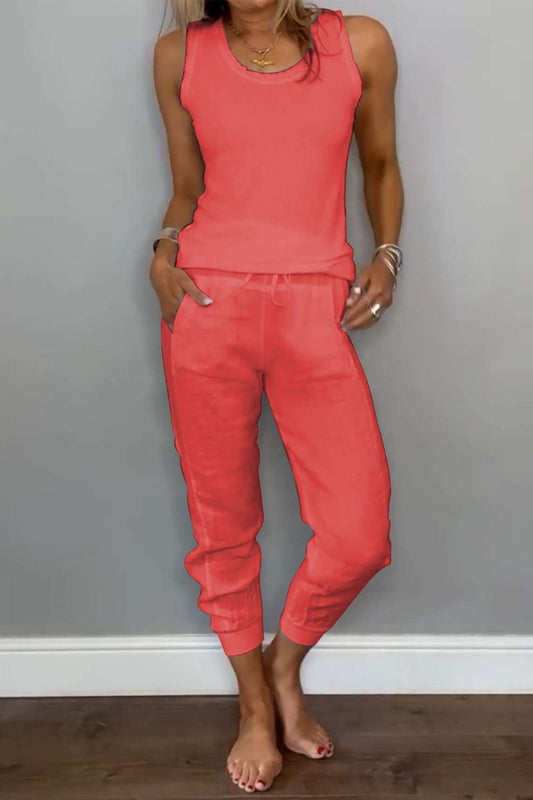 Cotton Drawstring Sleeveless Pocket Two Piece Set