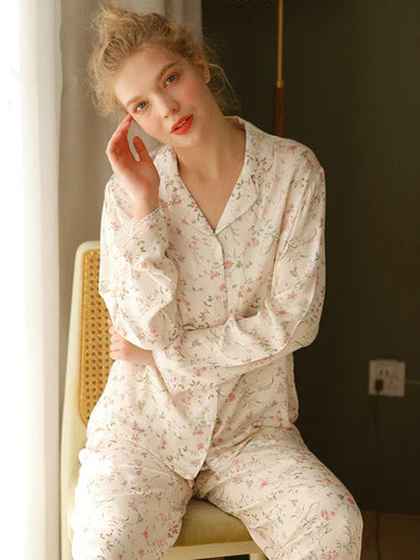 Cotton Willow Leaf Floral Print Pajama Set
