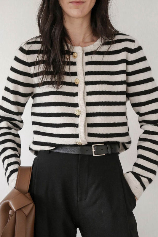 Crew Neck Striped Cardigan Shorts Set