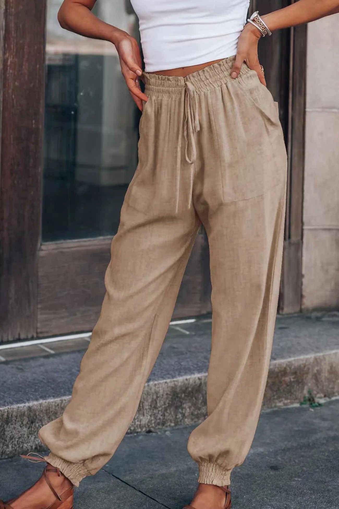 Ossaso Drawstring Solid Color Loose Long Pants