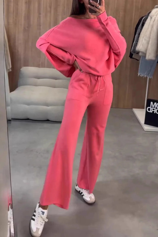 Drop Shoulder Bat Sleeve Crop Top Sweatpants Set