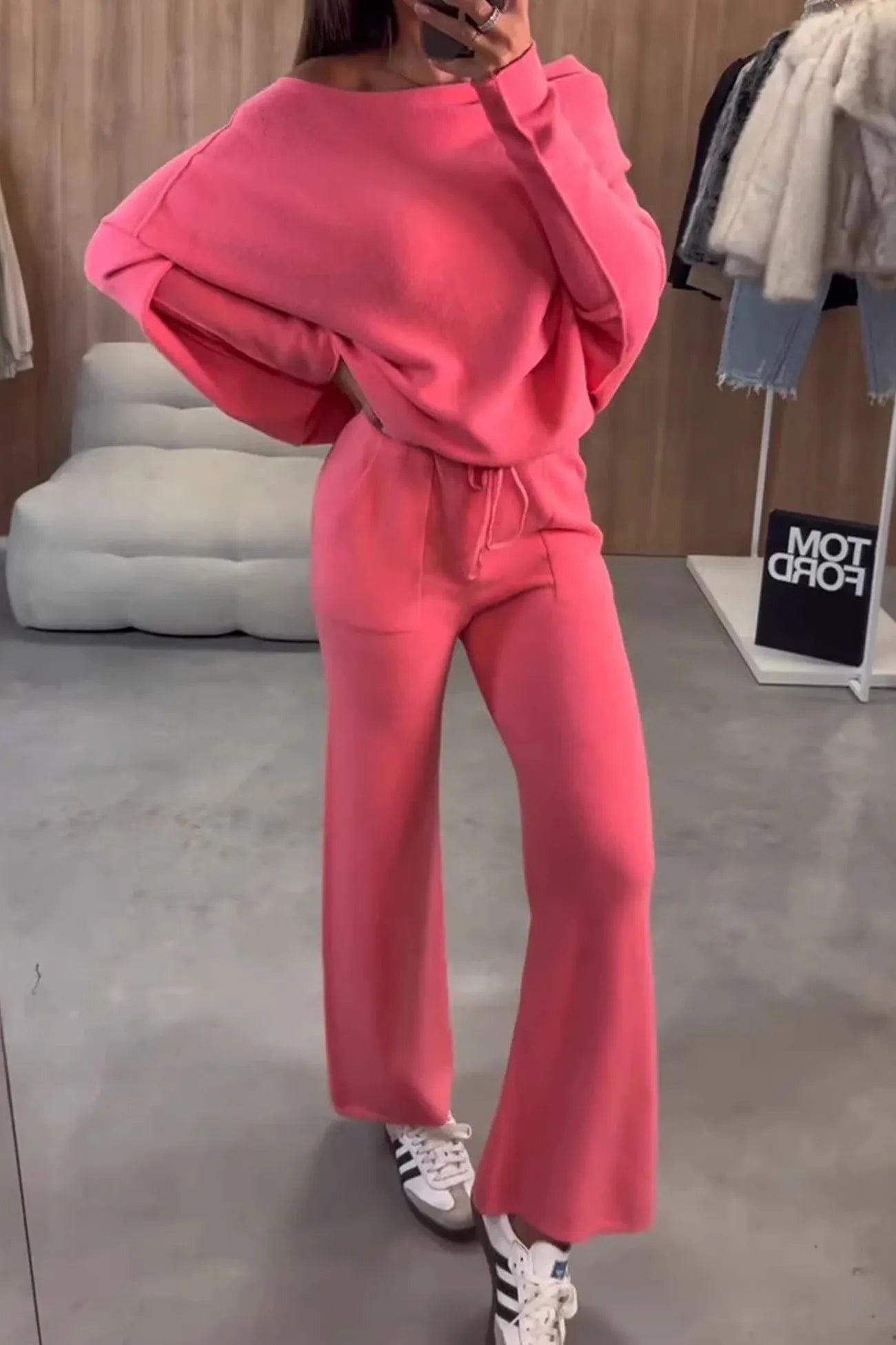 Drop Shoulder Bat Sleeve Crop Top Sweatpants Set