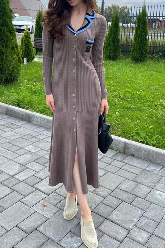 Embroidery Lapel Single-breasted Knit Dress