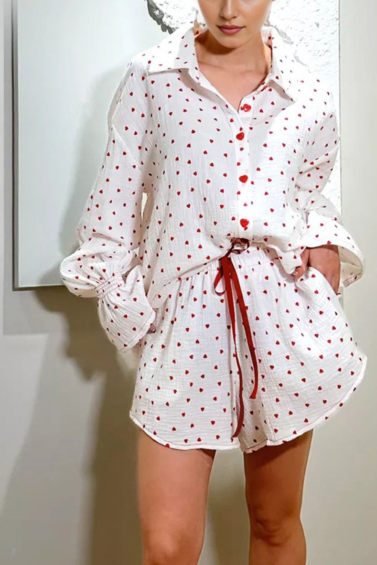 Flare Sleeve Heart Print Bow Tie Cotton Three-piece Set