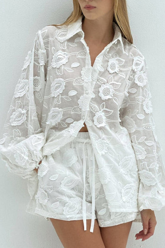 Floral Embroidery Long Sleeve Shirt Suits