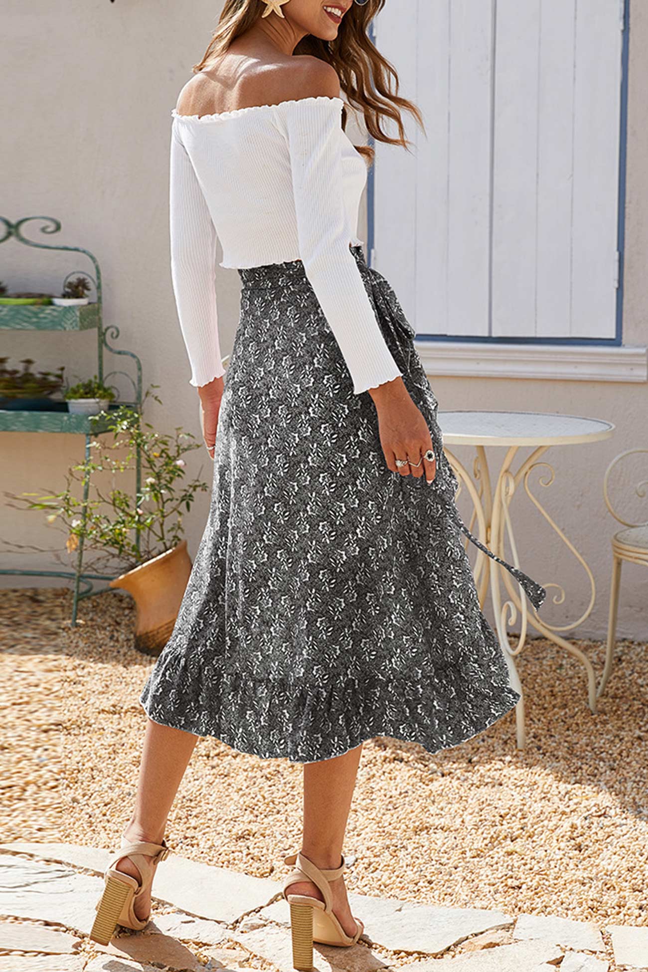 Floral Print Ruffle Slit Midi Skirt