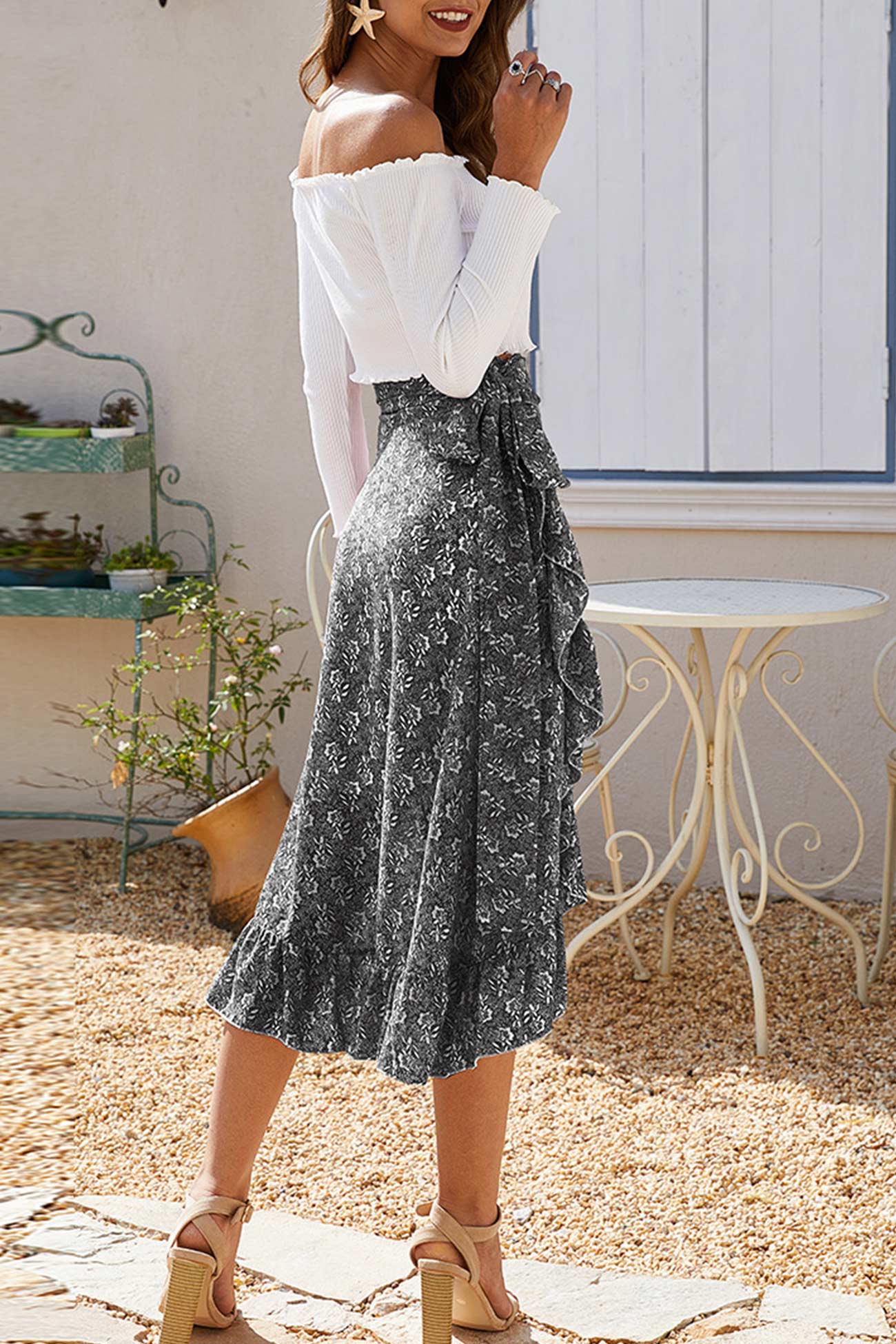 Floral Print Ruffle Slit Midi Skirt
