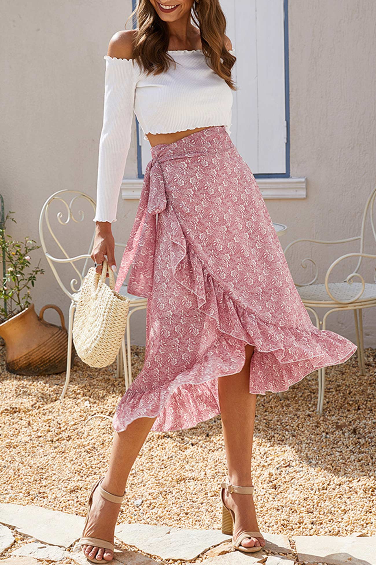 Floral Print Ruffle Slit Midi Skirt