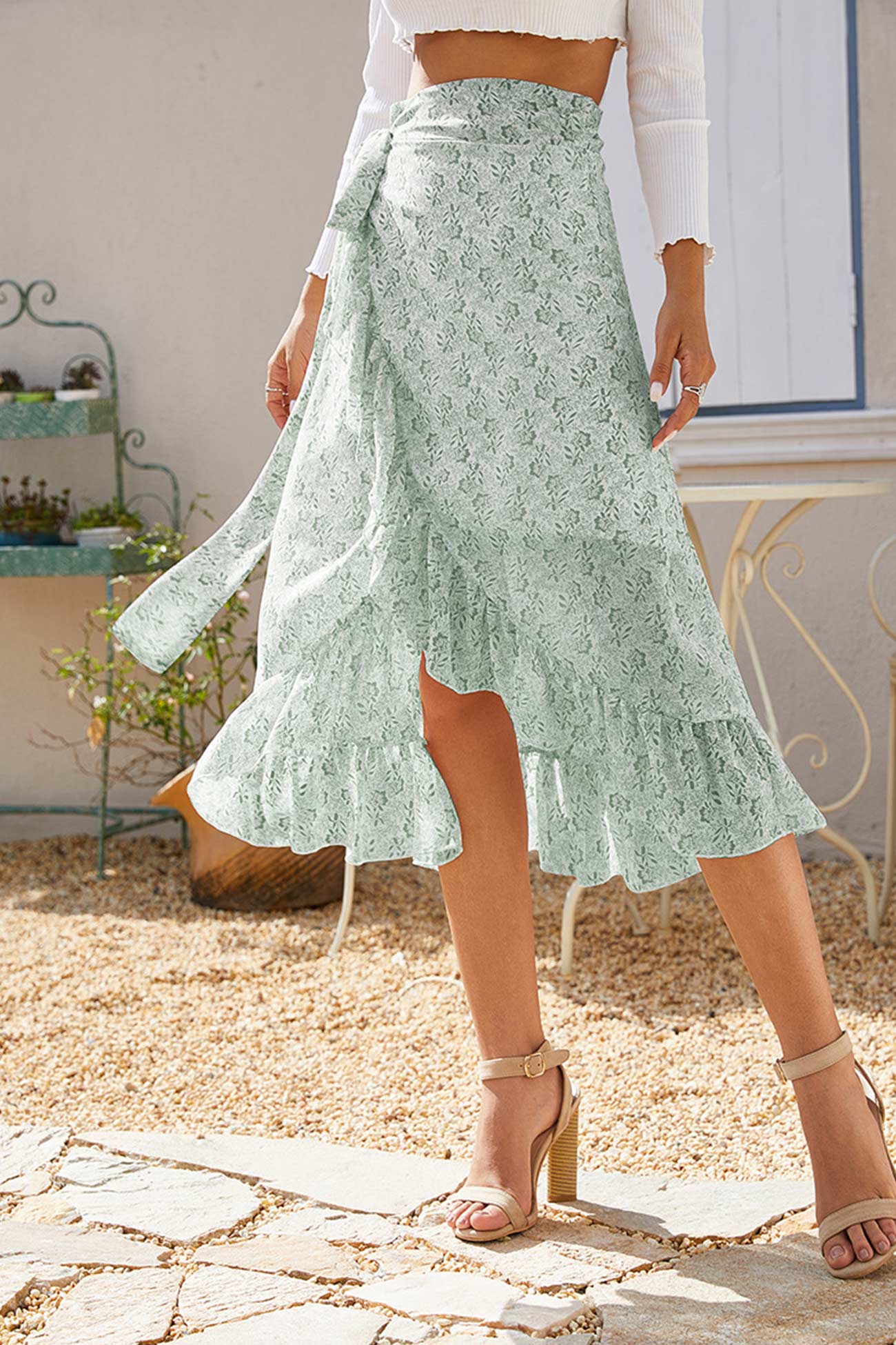 Floral Print Ruffle Slit Midi Skirt