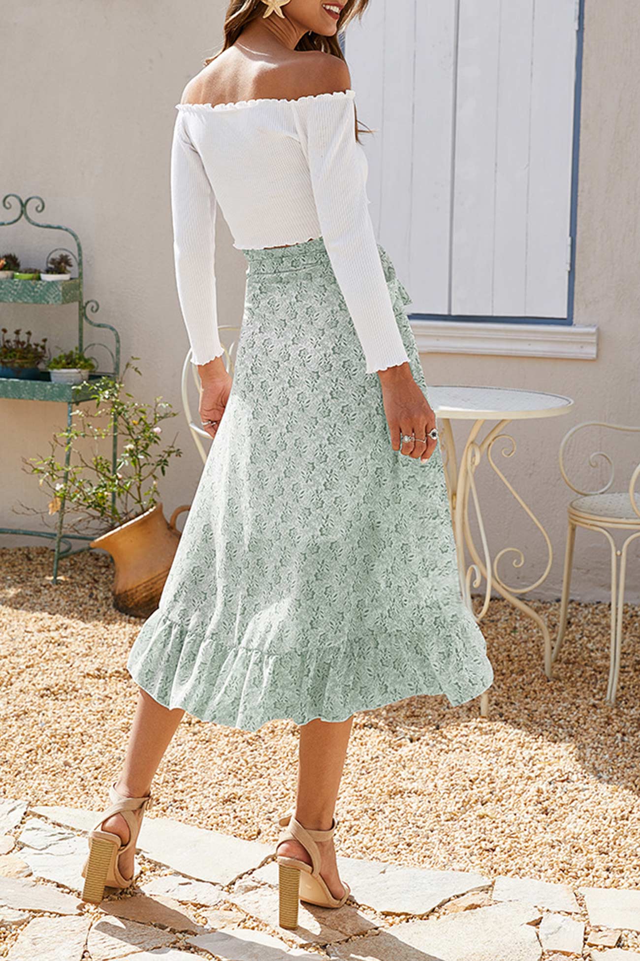 Floral Print Ruffle Slit Midi Skirt