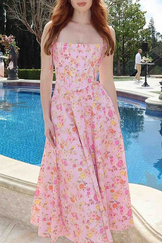 Floral Shoulder Straps Corset A-Line Dress