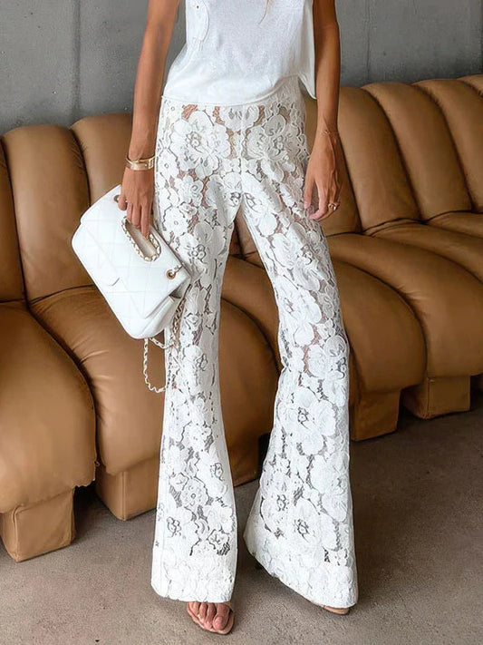 Flower Graphic High Waisted White Pants