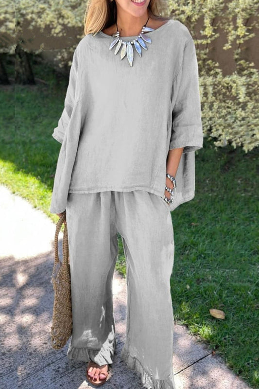 Half Sleeve Tops Fringe Hem Long Pants Set