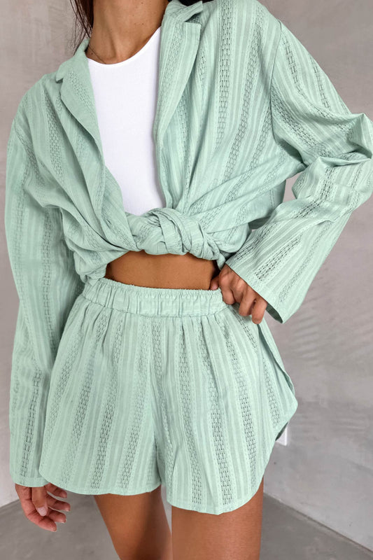 Jacquard Cotton Long Sleeve Shirt Slit Shorts Set