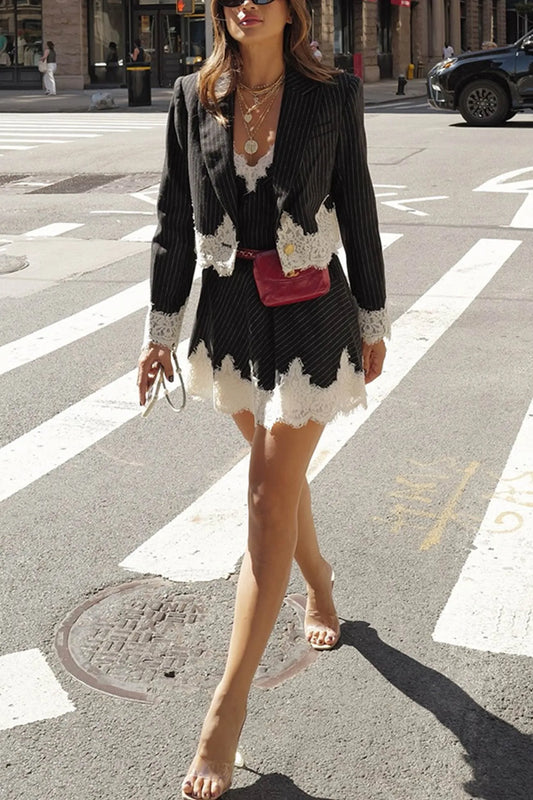 Lace Patchwork Striped Cami Dress Blazer Two-piece Outfits