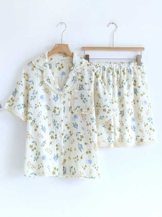 Ossaso Lace Trim Floral Print Cotton Pajama