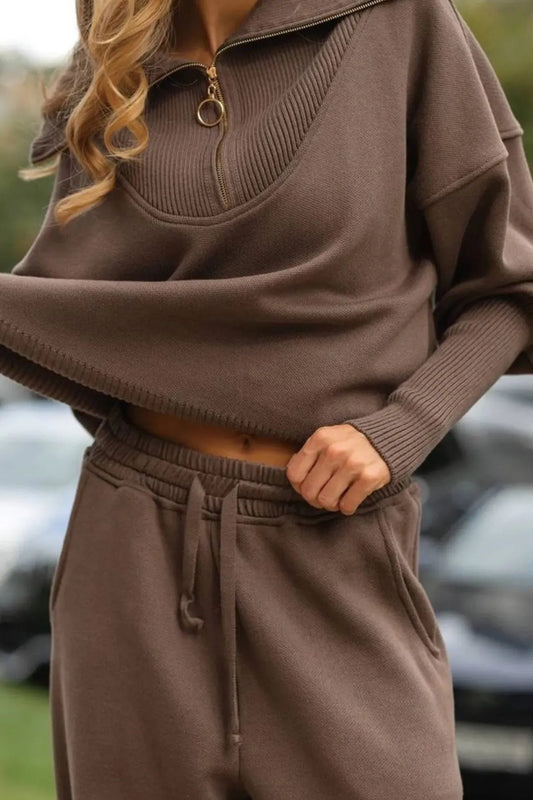 Lapel Zip-up Sweatshirt Set