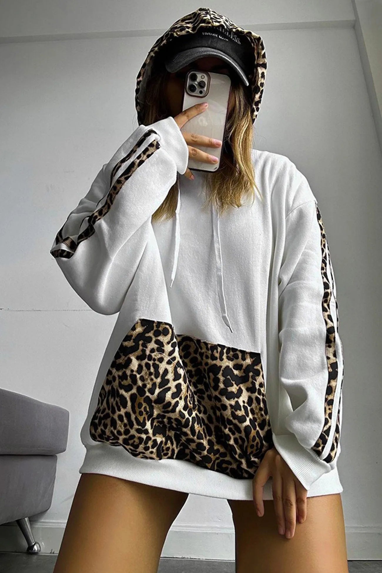 Ossaso Leopard Print Patchwork Loose Hoodie