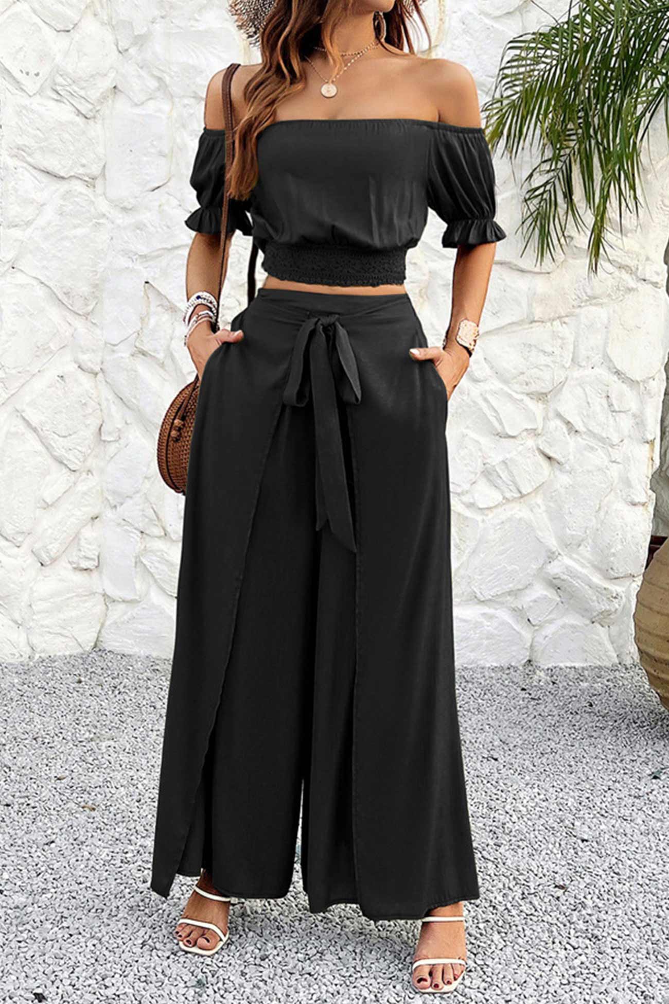 Off-shoulder Crop Top Tie-up Pants Suits