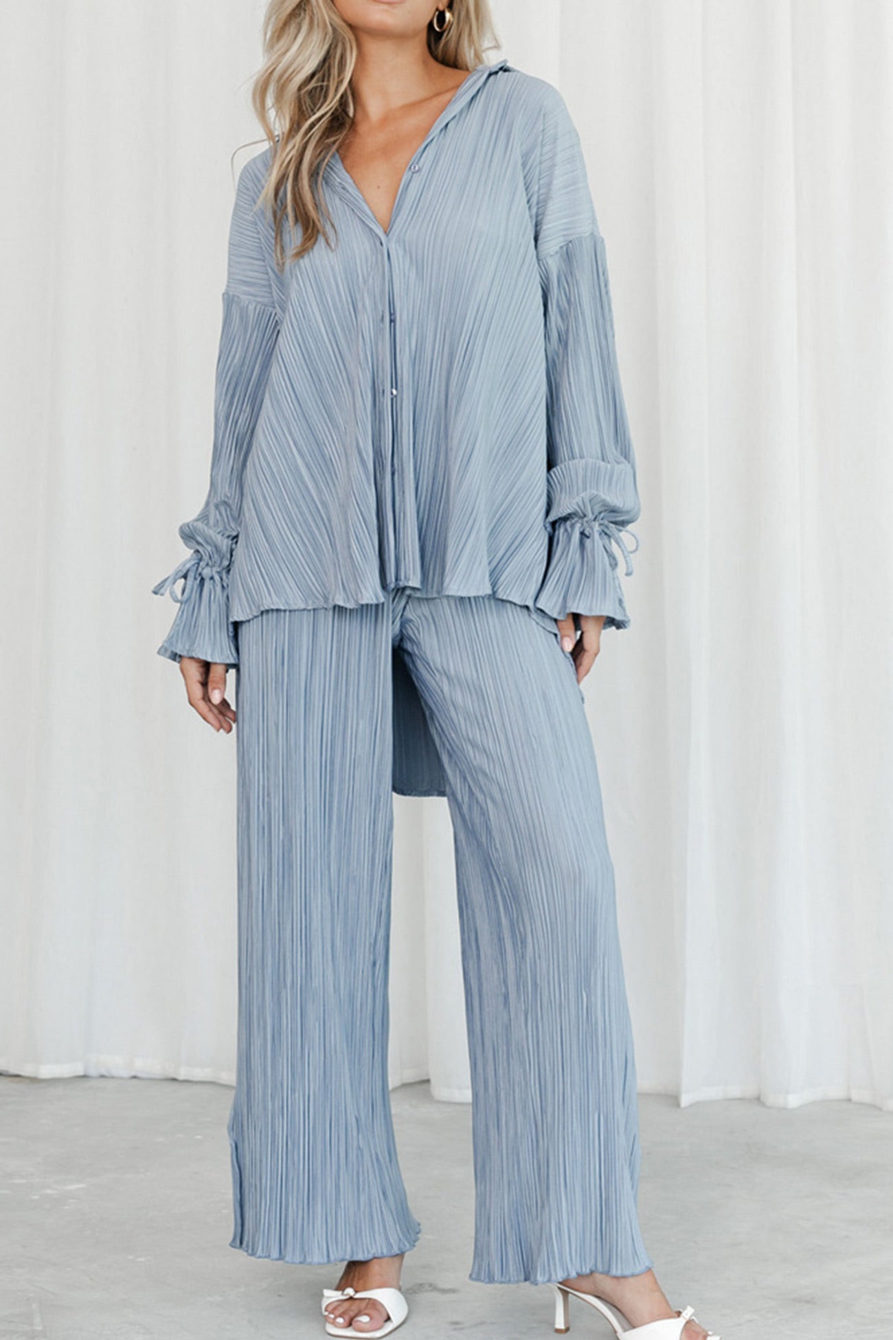 Pleated Blouse Slit Long Pants Set