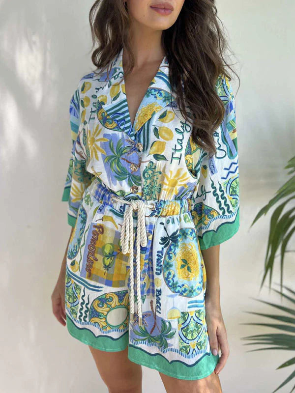Print Drawstring Shorts Jumpsuit