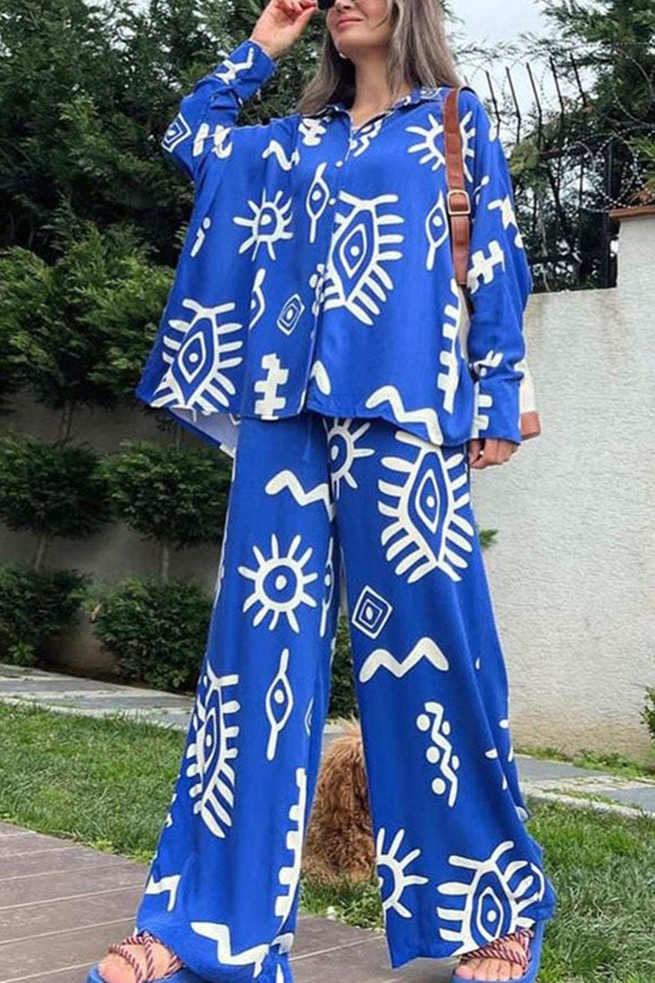 Printed Bat Sleeve Loose Shirt Suits