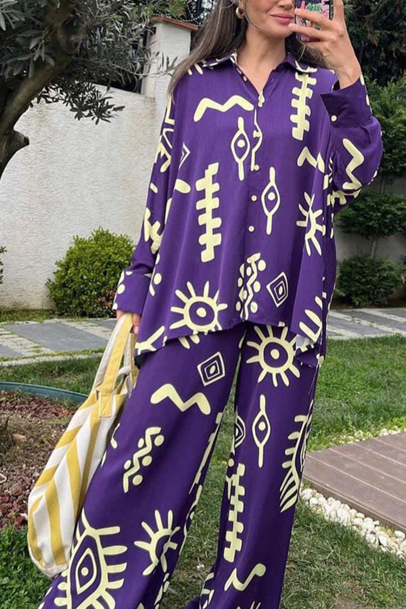 Printed Bat Sleeve Loose Shirt Suits