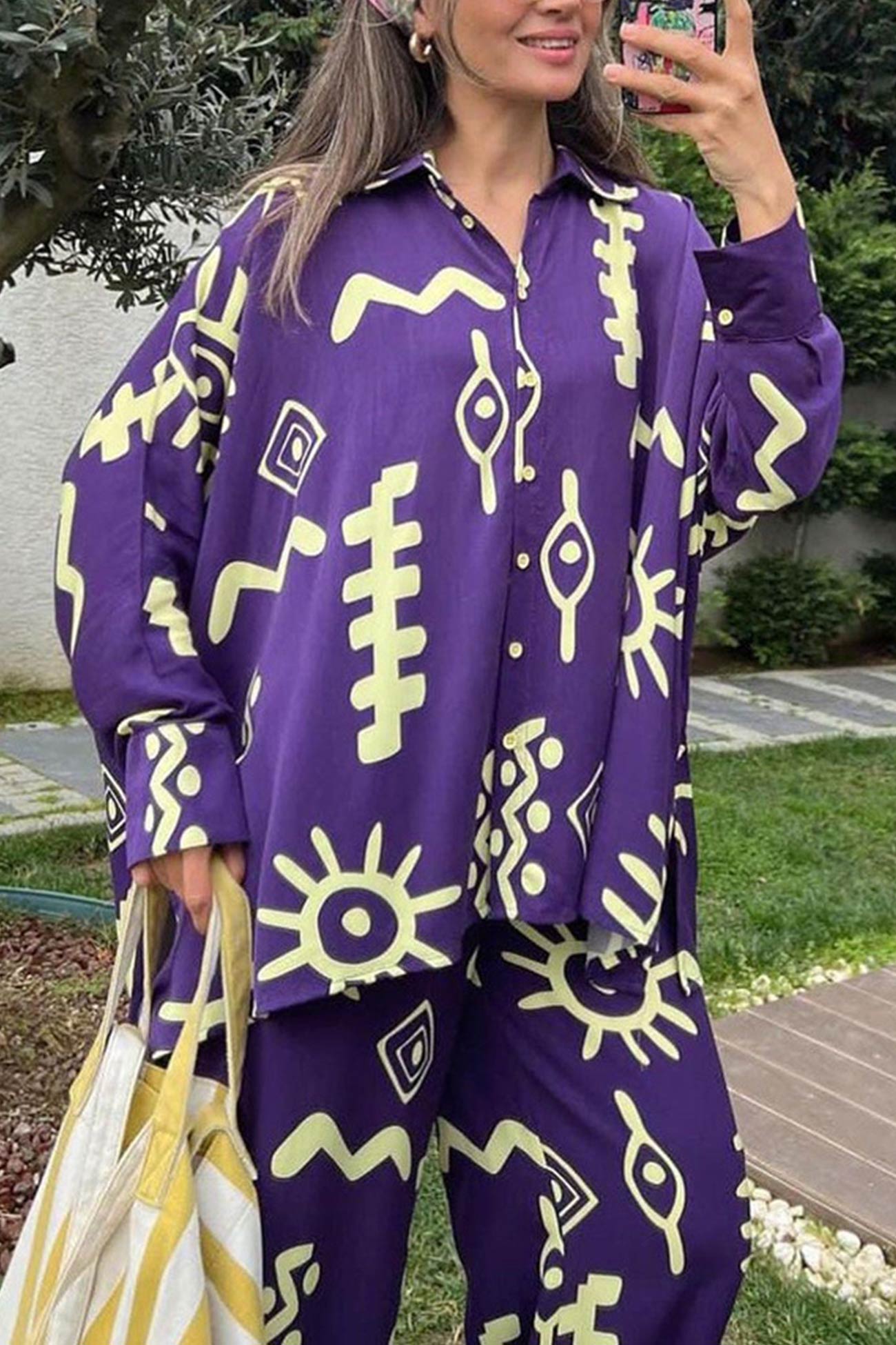 Printed Bat Sleeve Loose Shirt Suits