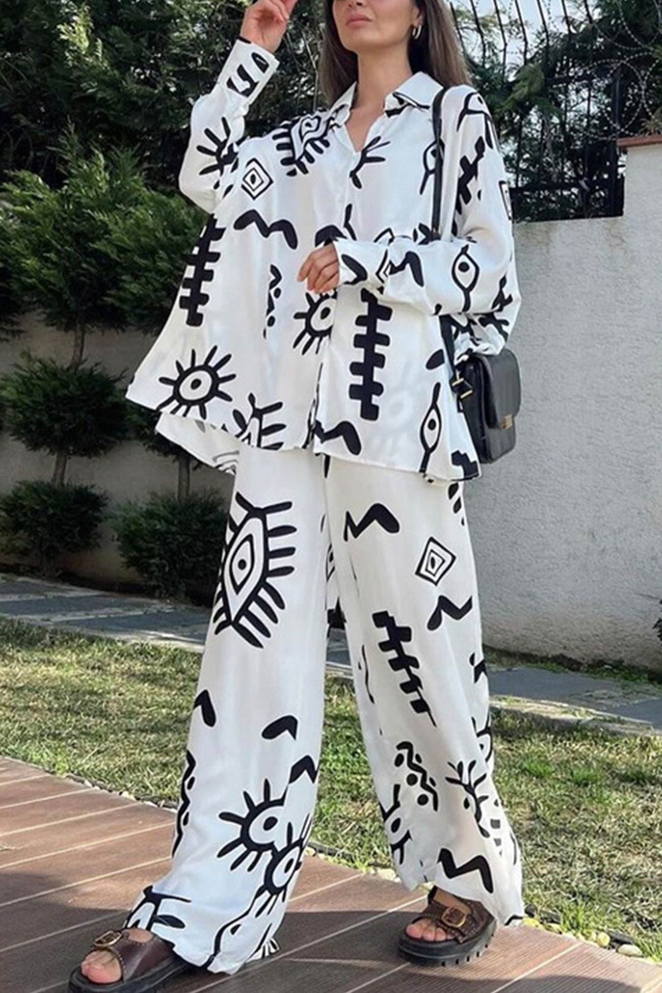 Printed Bat Sleeve Loose Shirt Suits