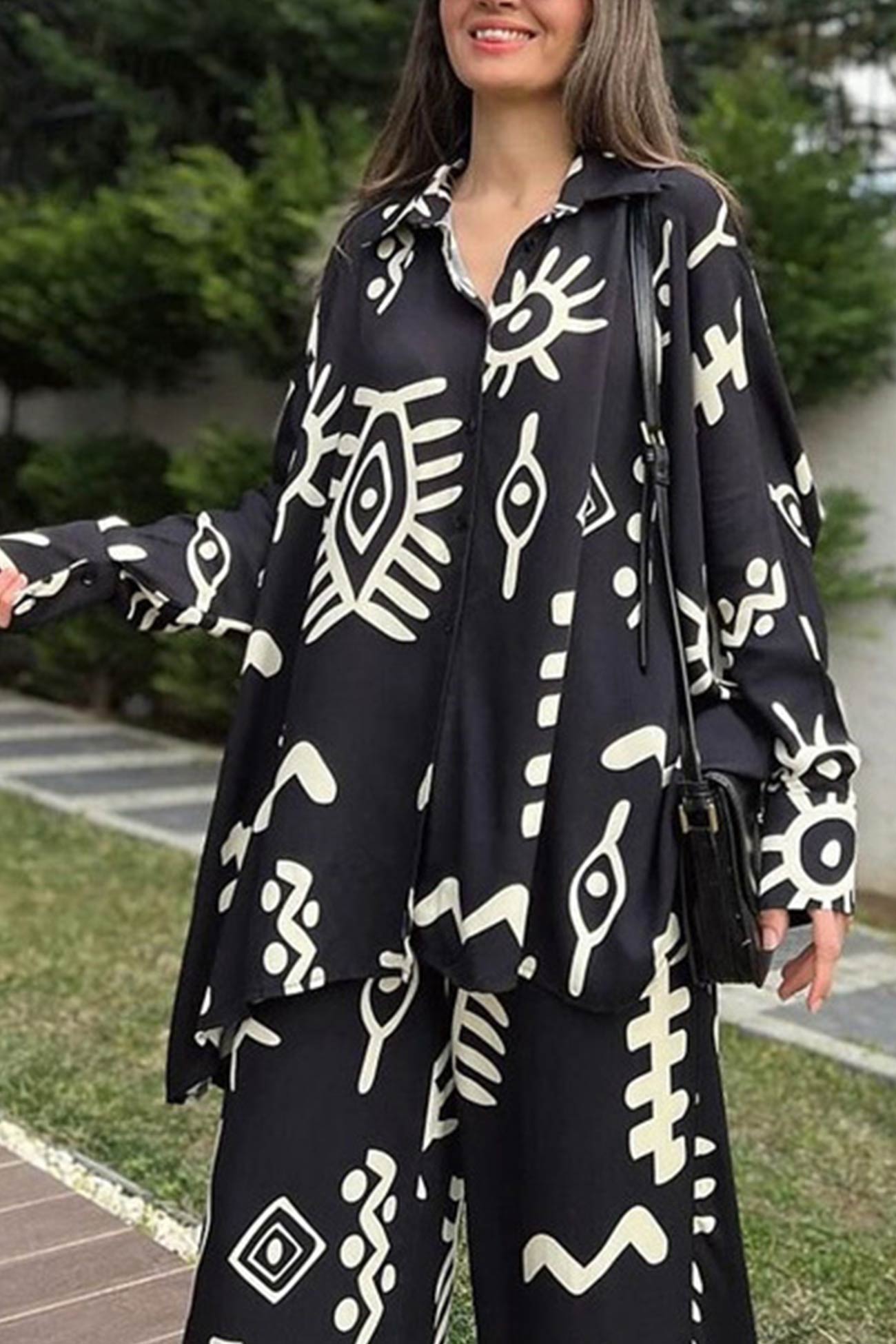 Printed Bat Sleeve Loose Shirt Suits