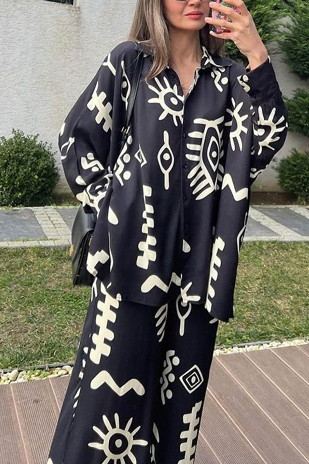 Printed Bat Sleeve Loose Shirt Suits