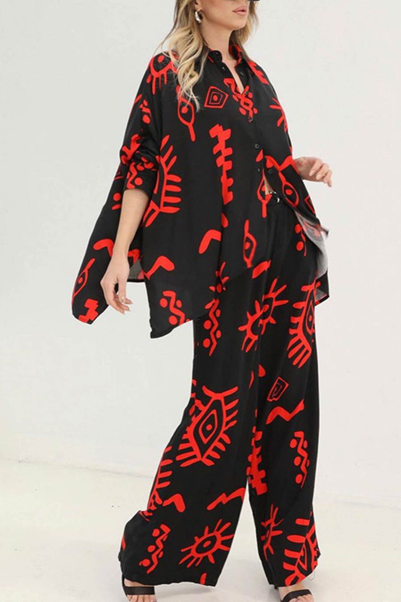 Printed Bat Sleeve Loose Shirt Suits