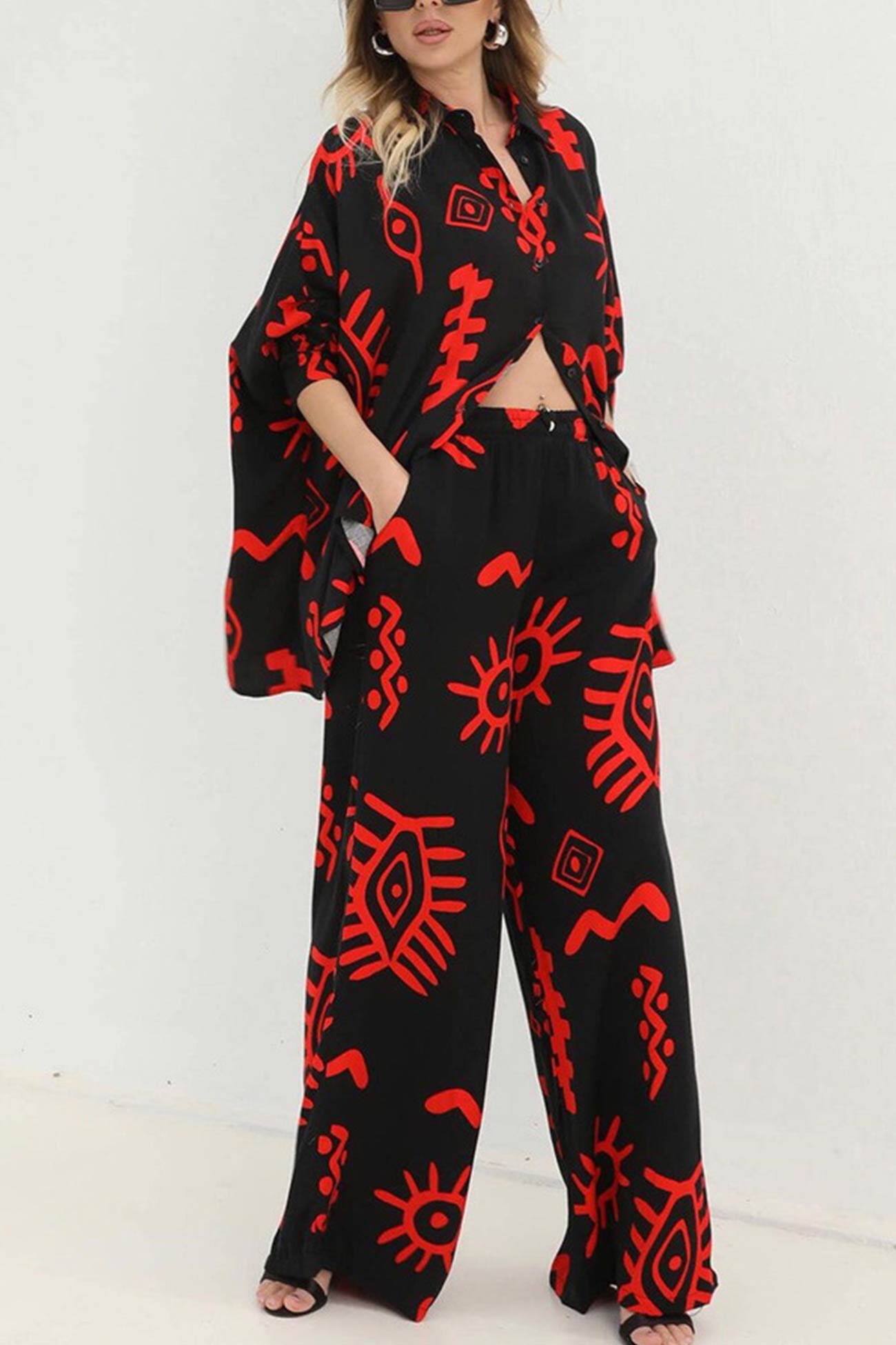 Printed Bat Sleeve Loose Shirt Suits