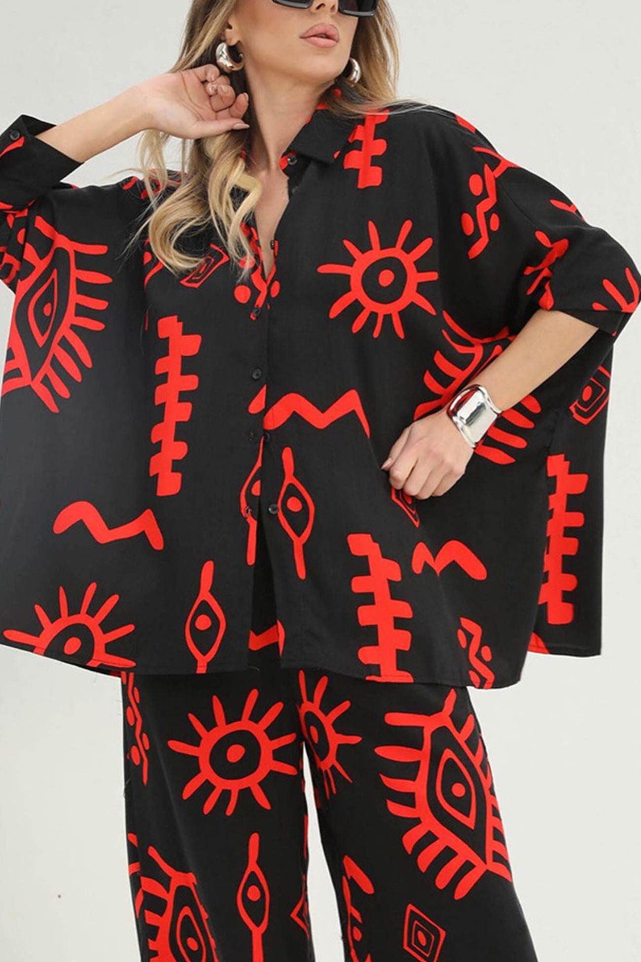 Printed Bat Sleeve Loose Shirt Suits