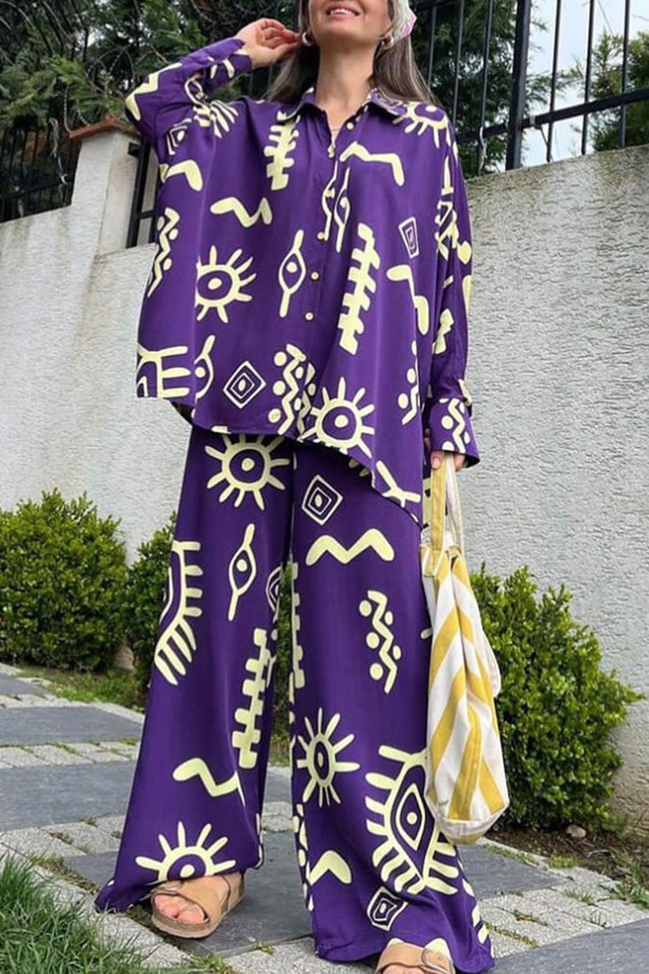 Printed Bat Sleeve Loose Shirt Suits