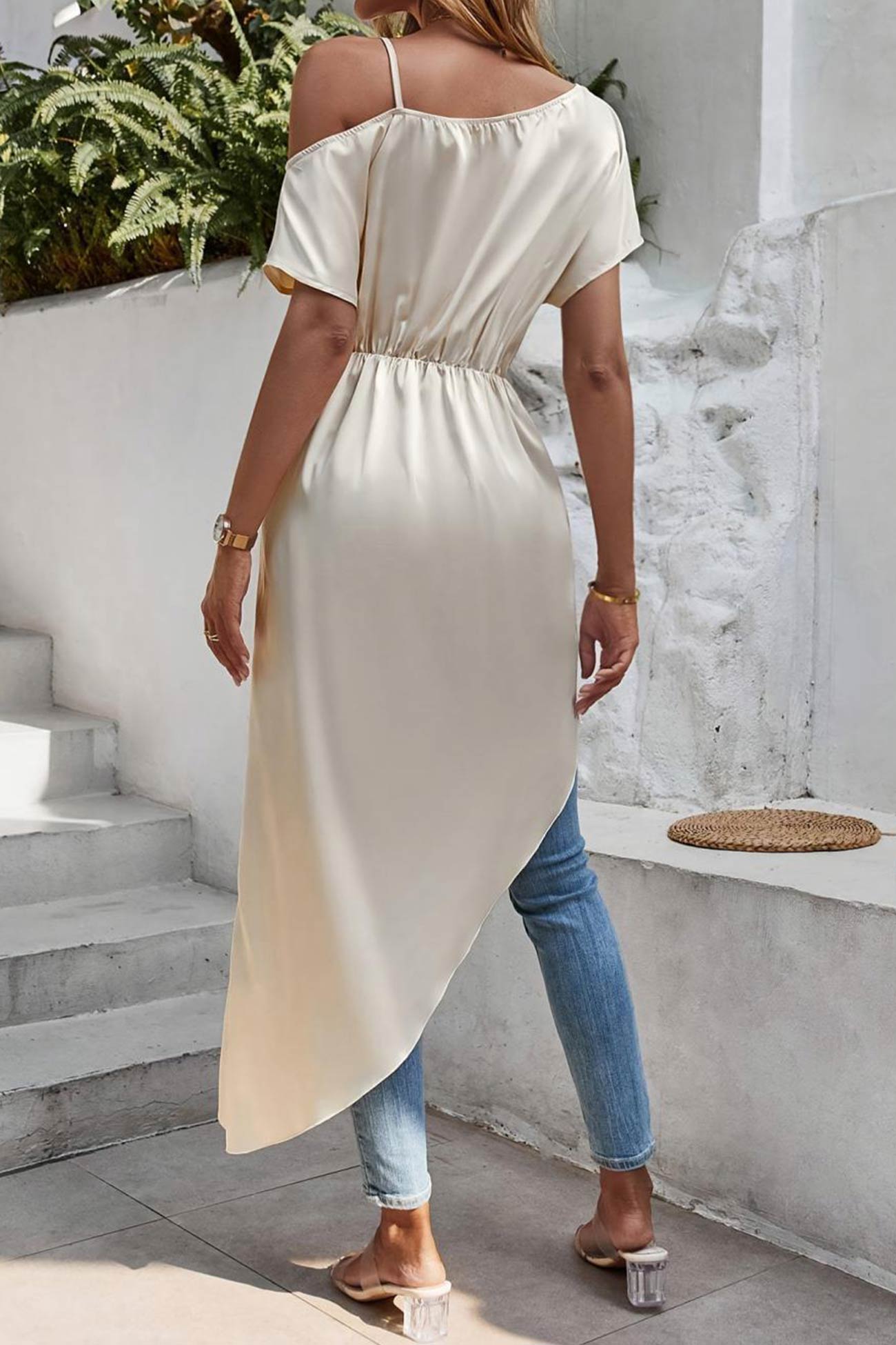 Satin Drop Shoulder Ruched Slit Top
