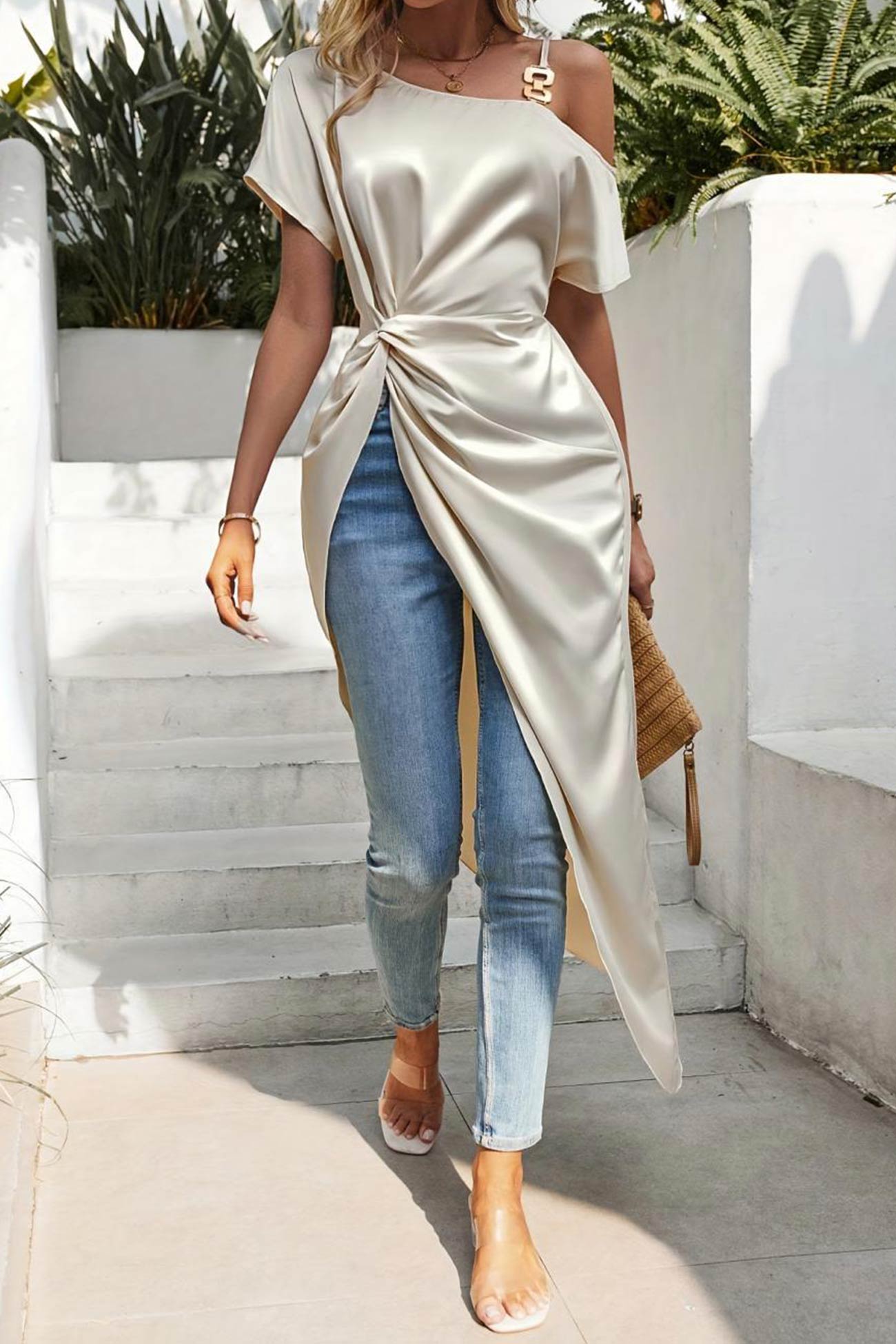 Satin Drop Shoulder Ruched Slit Top
