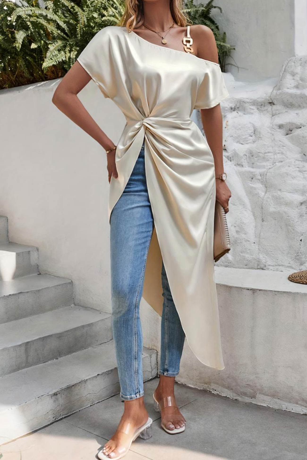 Satin Drop Shoulder Ruched Slit Top