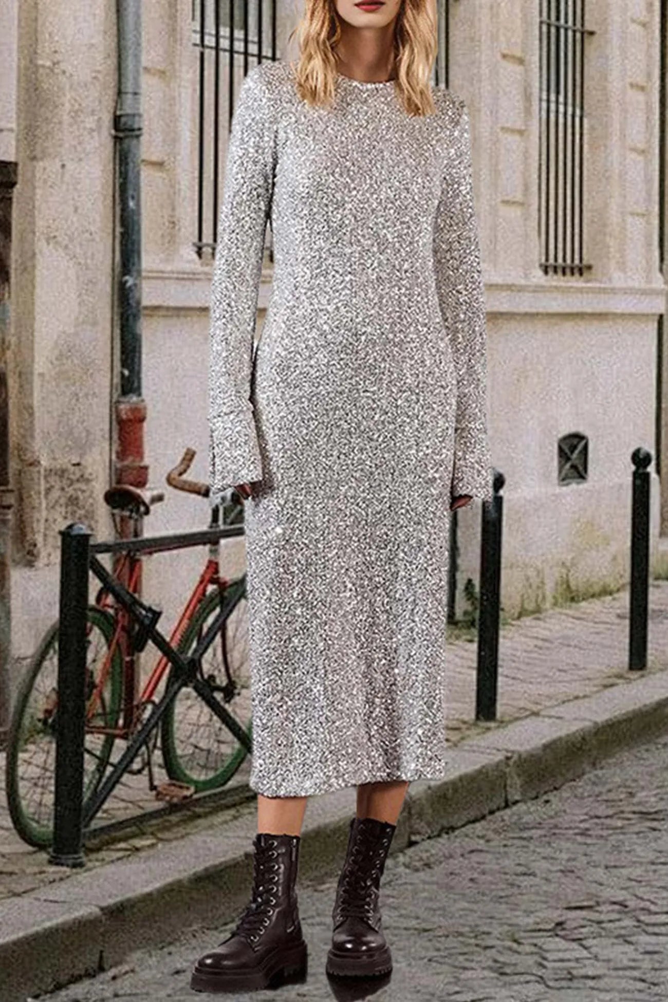 Sequin Long Sleeve Midi Dress