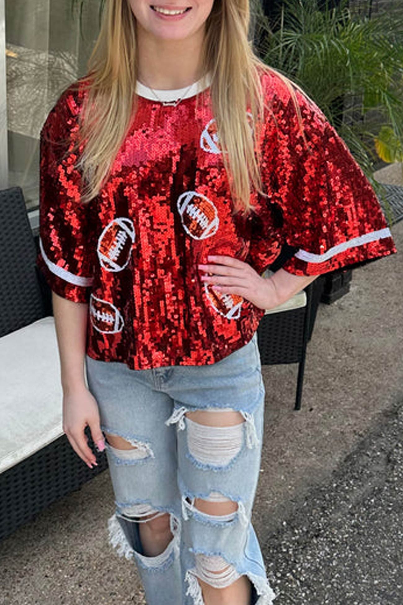 Sequined American Football Short Sleeve Top