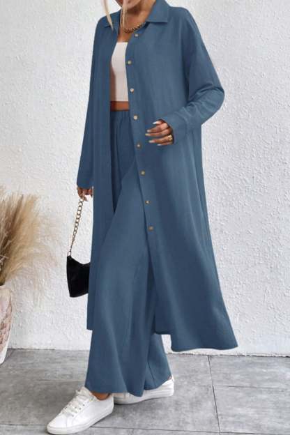 Solid Long Shirt Wide Leg Pants Set