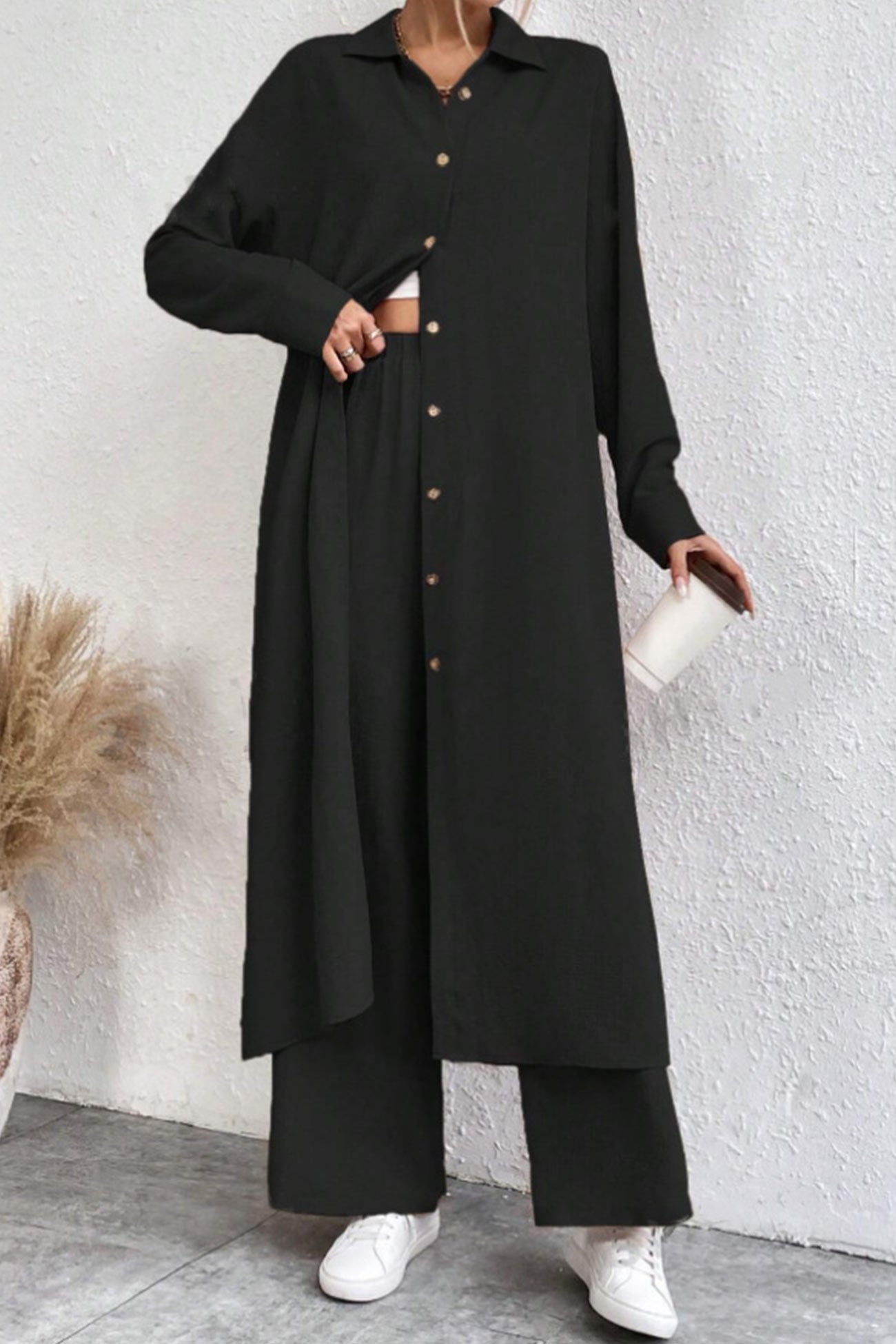 Solid Long Shirt Wide Leg Pants Set