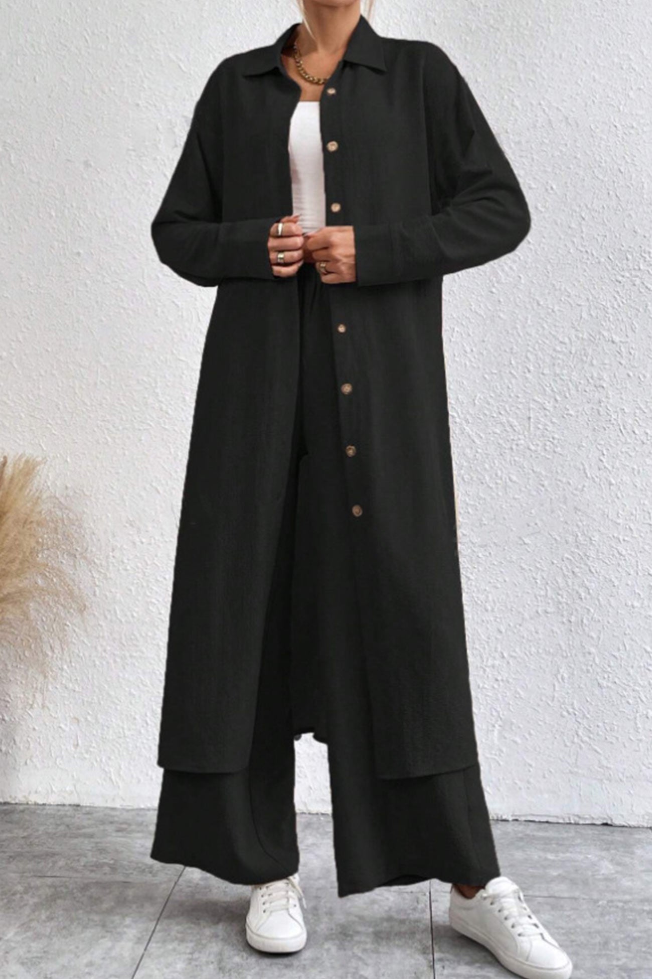 Solid Long Shirt Wide Leg Pants Set
