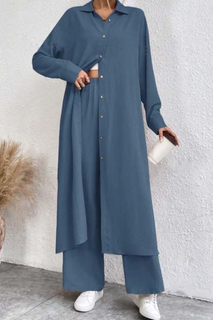 Solid Long Shirt Wide Leg Pants Set