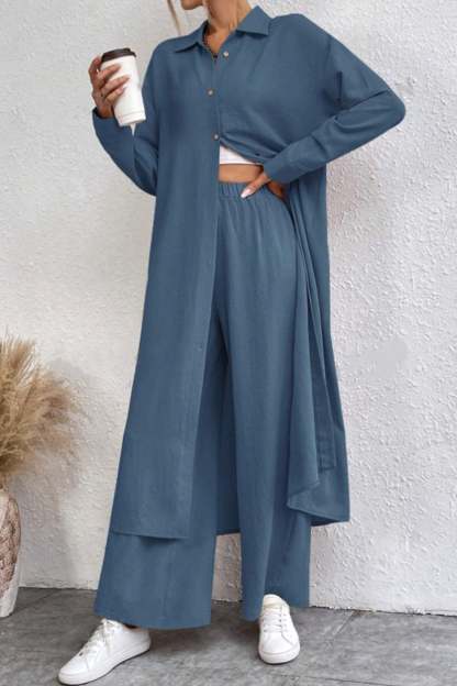 Solid Long Shirt Wide Leg Pants Set