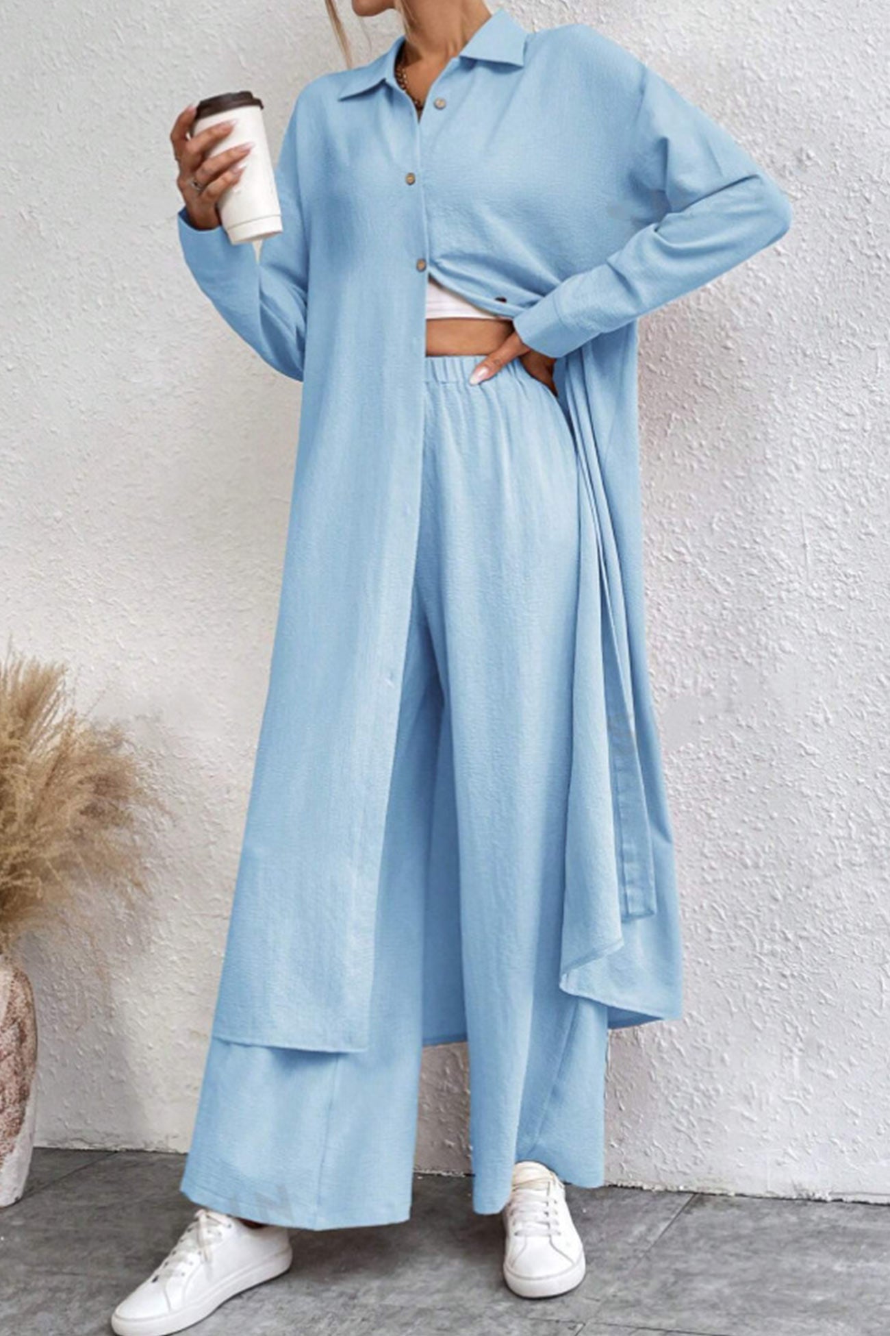 Solid Long Shirt Wide Leg Pants Set