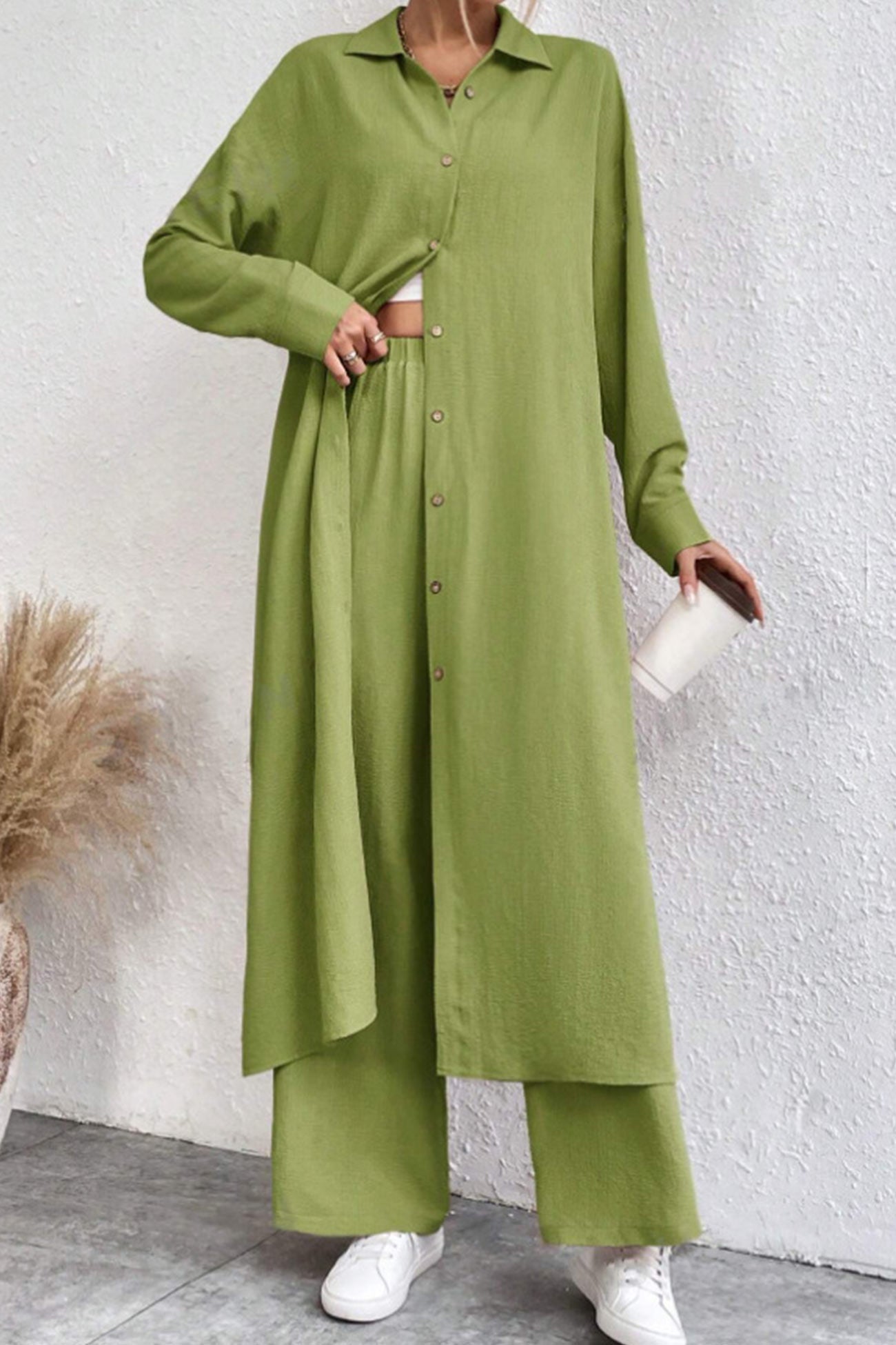 Solid Long Shirt Wide Leg Pants Set